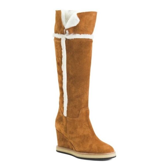 Made In Italy Suede Knee high Tall Long Wedge Heeled Boots Cognac | US 9 EU 39 - Picture 16 of 16